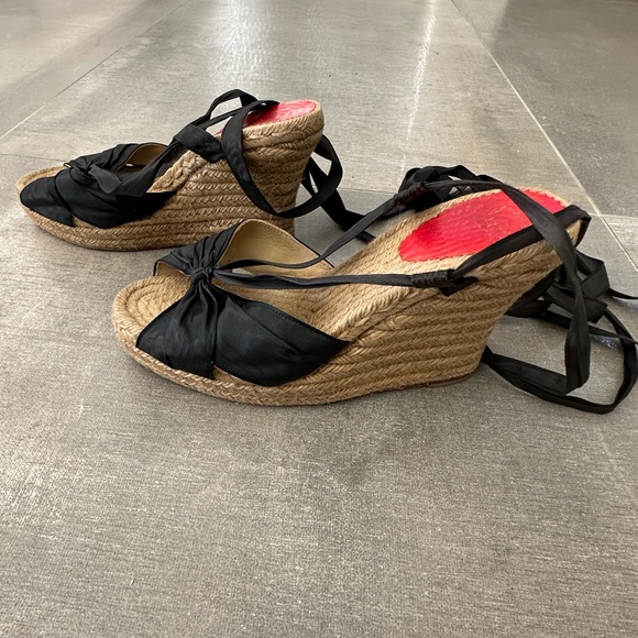 Christian Louboutin Black Wedge Espadrille Satin Wrap Around Sandals. Size 39 - Picture 8 of 15